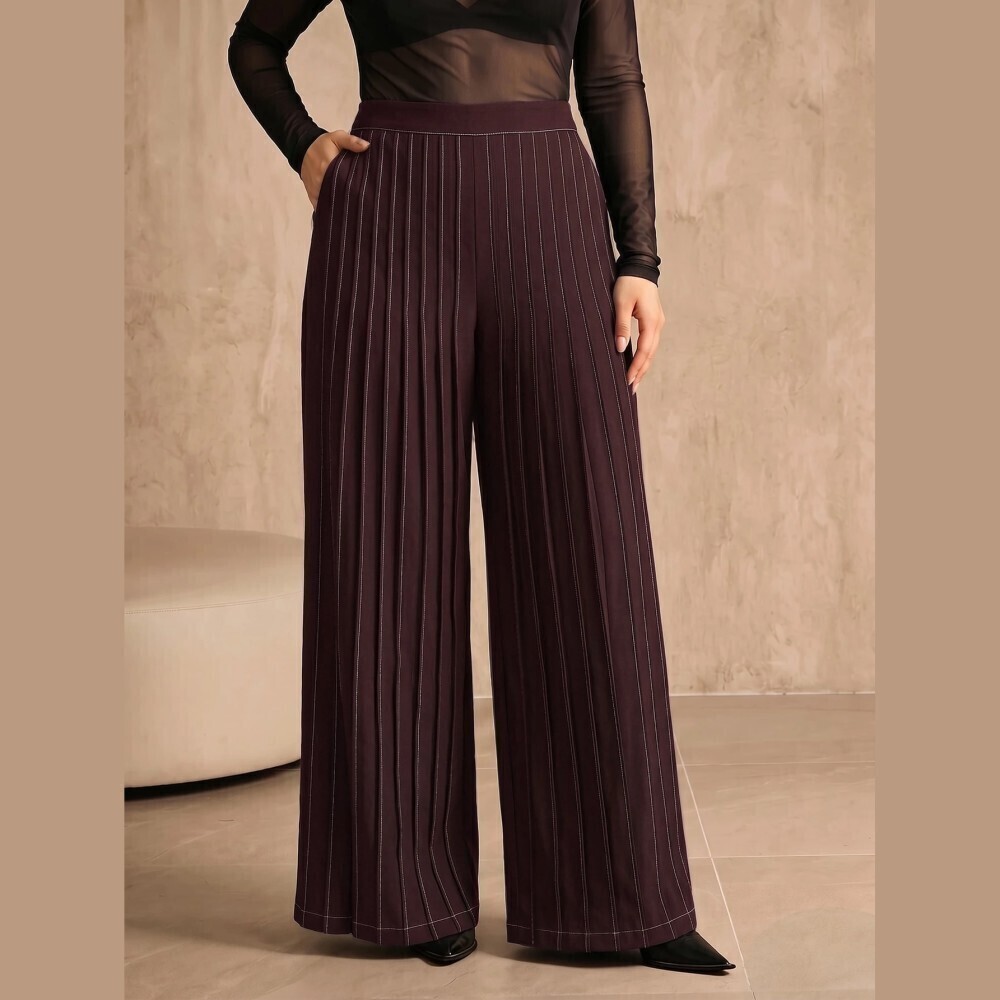 Burgundy Pinstripe Pleated High Waist Wide Leg Long Trousers